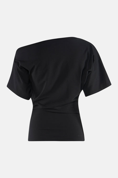 T-shirt noir asymétrique à manches courtes d'Unwind, ajusté à la taille, dos.
