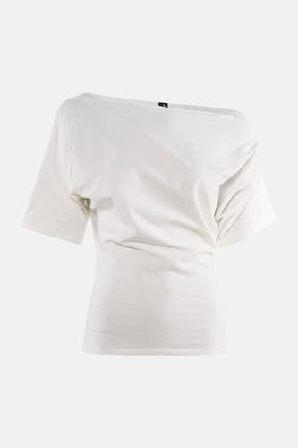 T-shirt blanc Unwind à une épaule dénudée et manches courtes, dos.