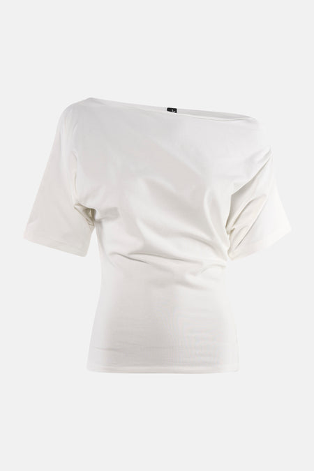 T-shirt blanc Unwind à une épaule dénudée et manches courtes, dos.