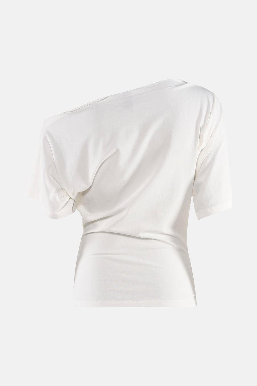 Wit T-shirt van Unwind met één blote schouder en korte mouwen, achterkant.