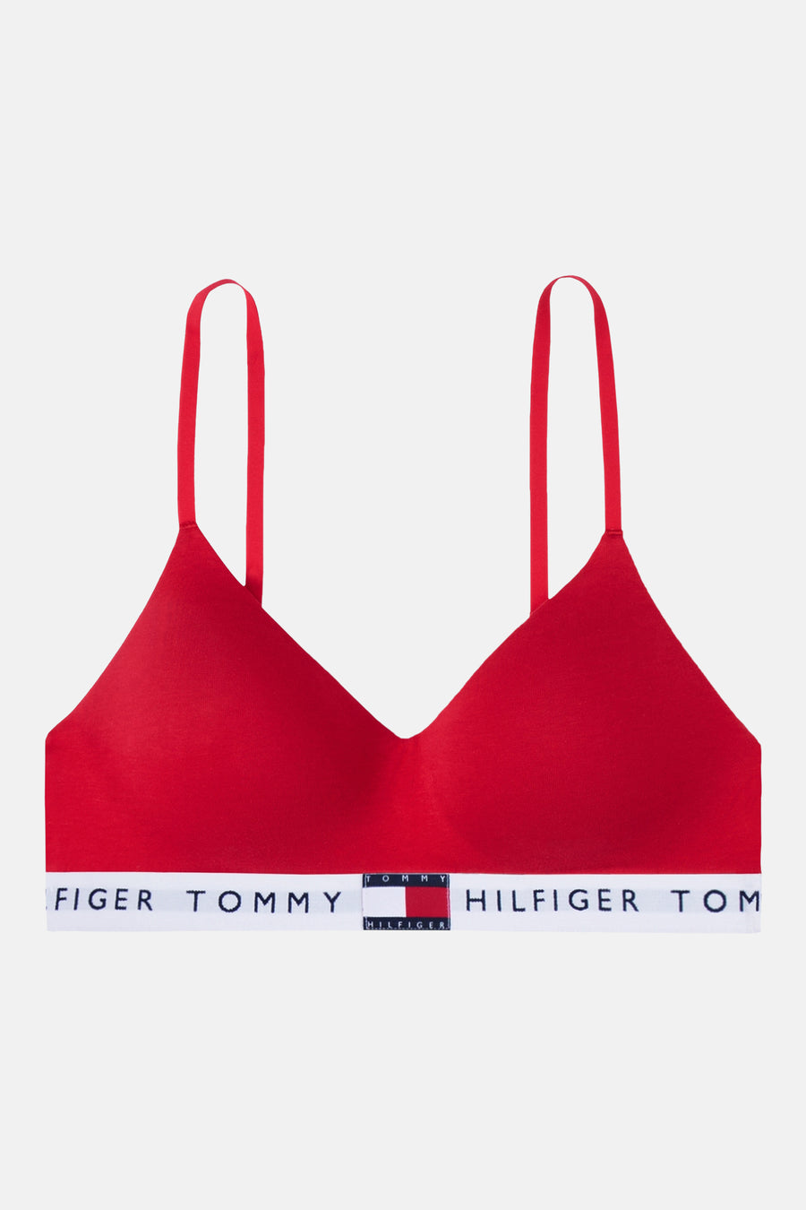 Rode driehoek beha van TOMMY JEANS met witte logoband en "TOMMY HILFIGER" tekst.