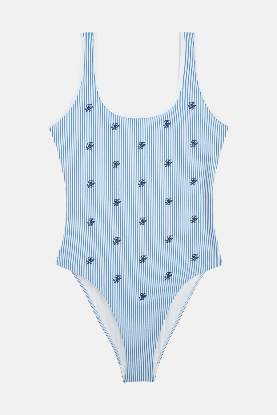 Blauw-wit gestreept badpak van TOMMY JEANS met een patroon van kleine, donkerblauwe logo's en witte biesjes.