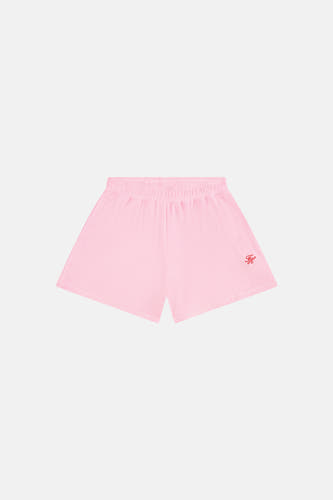 Roze short van TOMMY JEANS, gemaakt van badstof, met elastische tailleband en rood geborduurd logo.