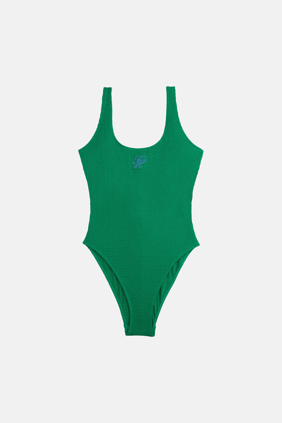 Groen badpak van TOMMY JEANS, met geborduurde logo details en een gestructureerd, wafelachtig oppervlak.