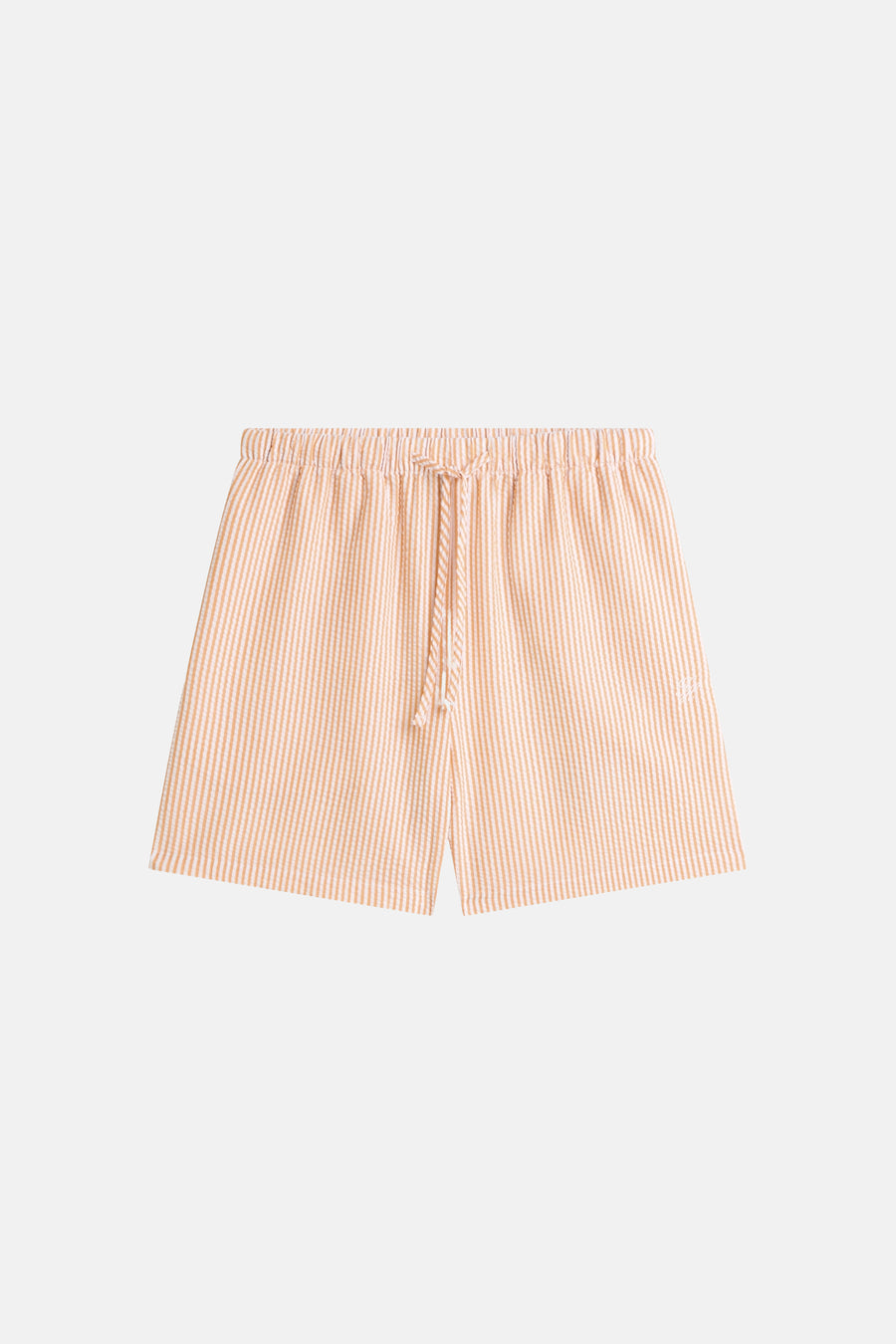 Short en seersucker rayé blanc et orange de TOMMY JEANS avec cordon de serrage, taille élastique et petit logo blanc, représenté allongé.