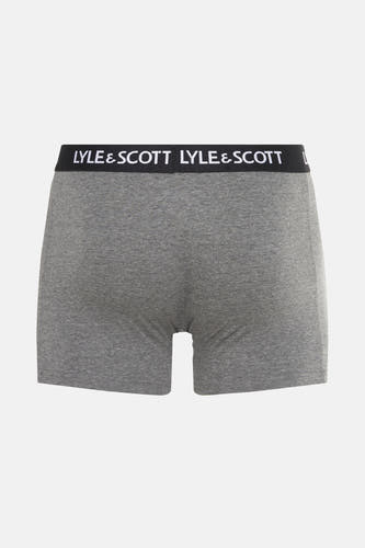 Grijze boxershort van Lyle & Scott, met een zwarte elastische band met logo.
