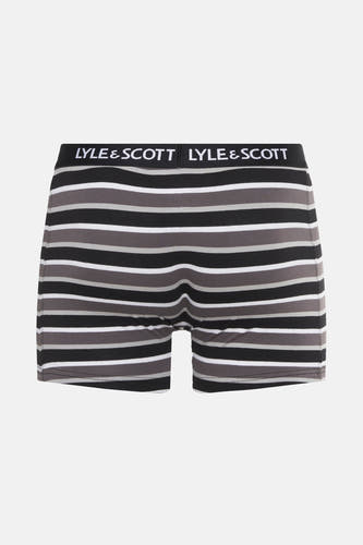 Gestreept zwart met grijze boxershort van Lyle & Scott met een zwarte tailleband met logo.
