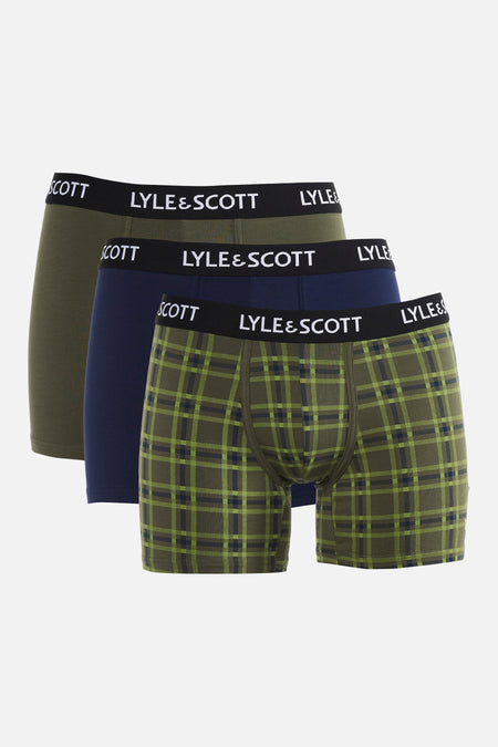 Multicolor boxershorts van LYLE & SCOTT in een 3-pack met olijfgroene, marineblauwe en geruite designs en merklogo op de tailleband.