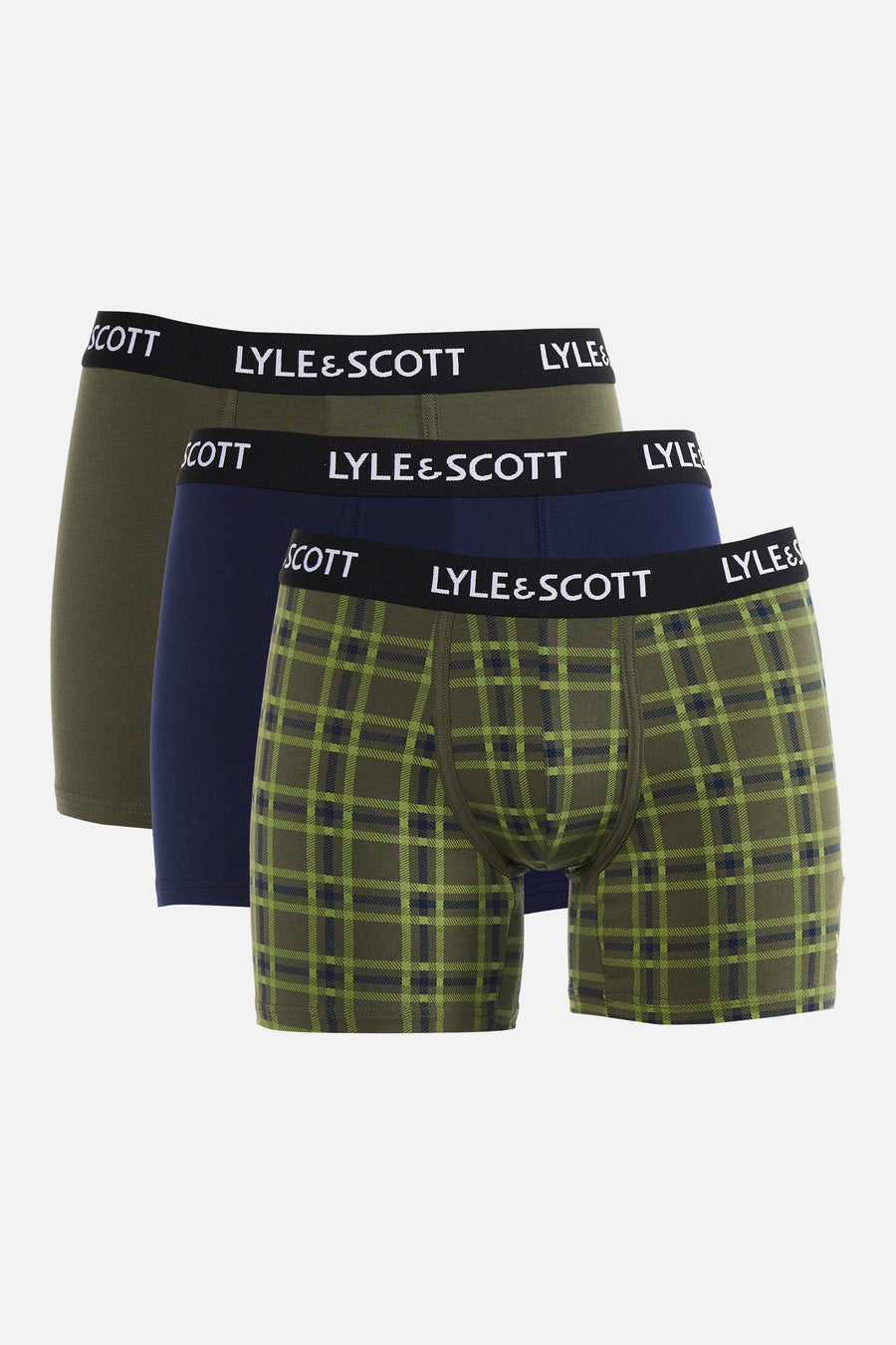 Multicolor boxershorts van LYLE & SCOTT in een 3-pack met olijfgroene, marineblauwe en geruite designs en merklogo op de tailleband.