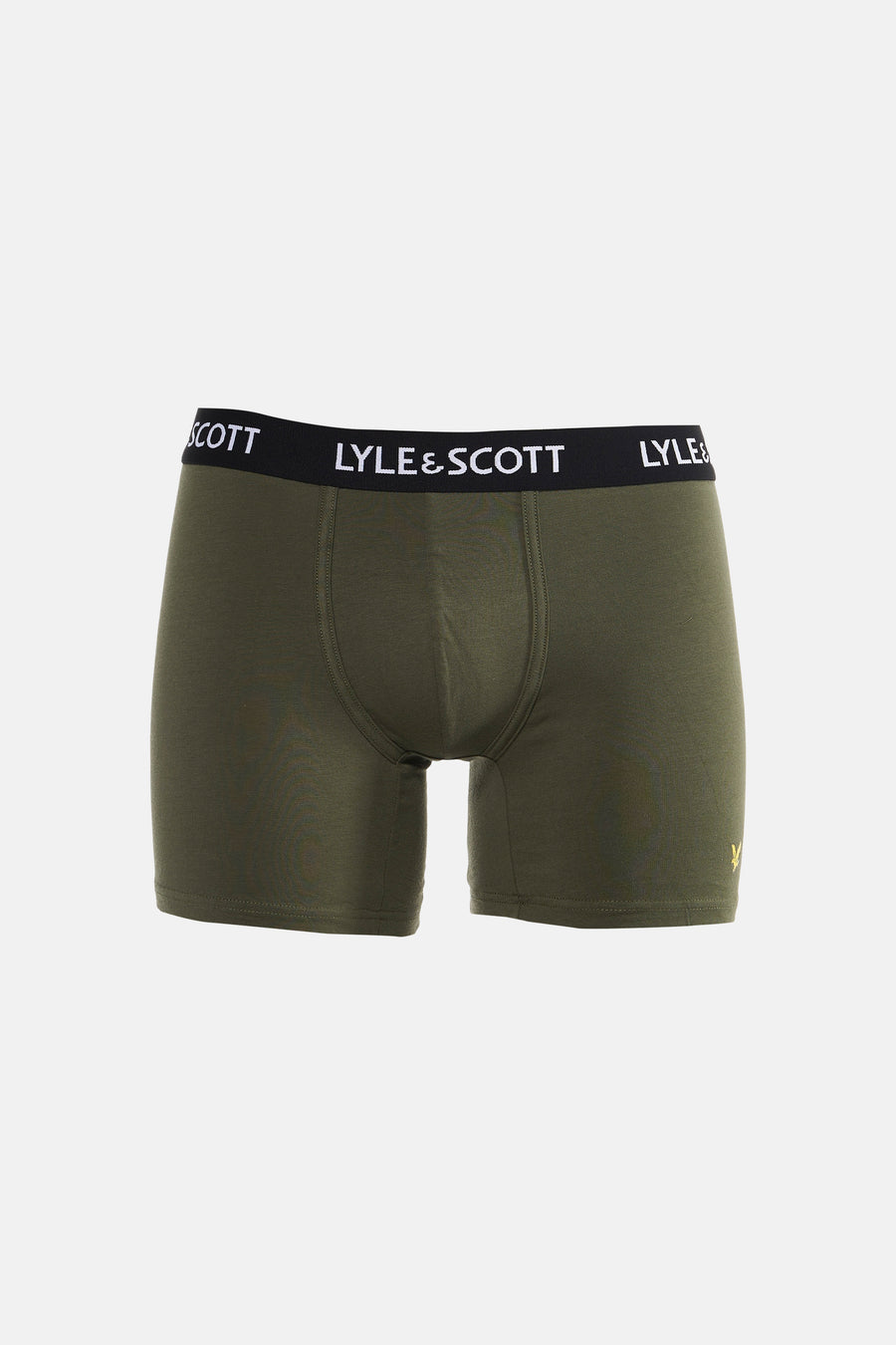Donkergroene boxershort van LYLE & SCOTT met zwarte tailleband en wit 'LYLE & SCOTT' logo, plus een klein geel adelaarslogo op de rechterpijp.