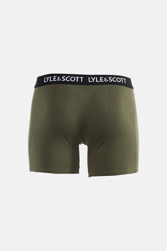 Legergroene boxershort van LYLE & SCOTT met zwarte tailleband en wit merklogo, achterkant.