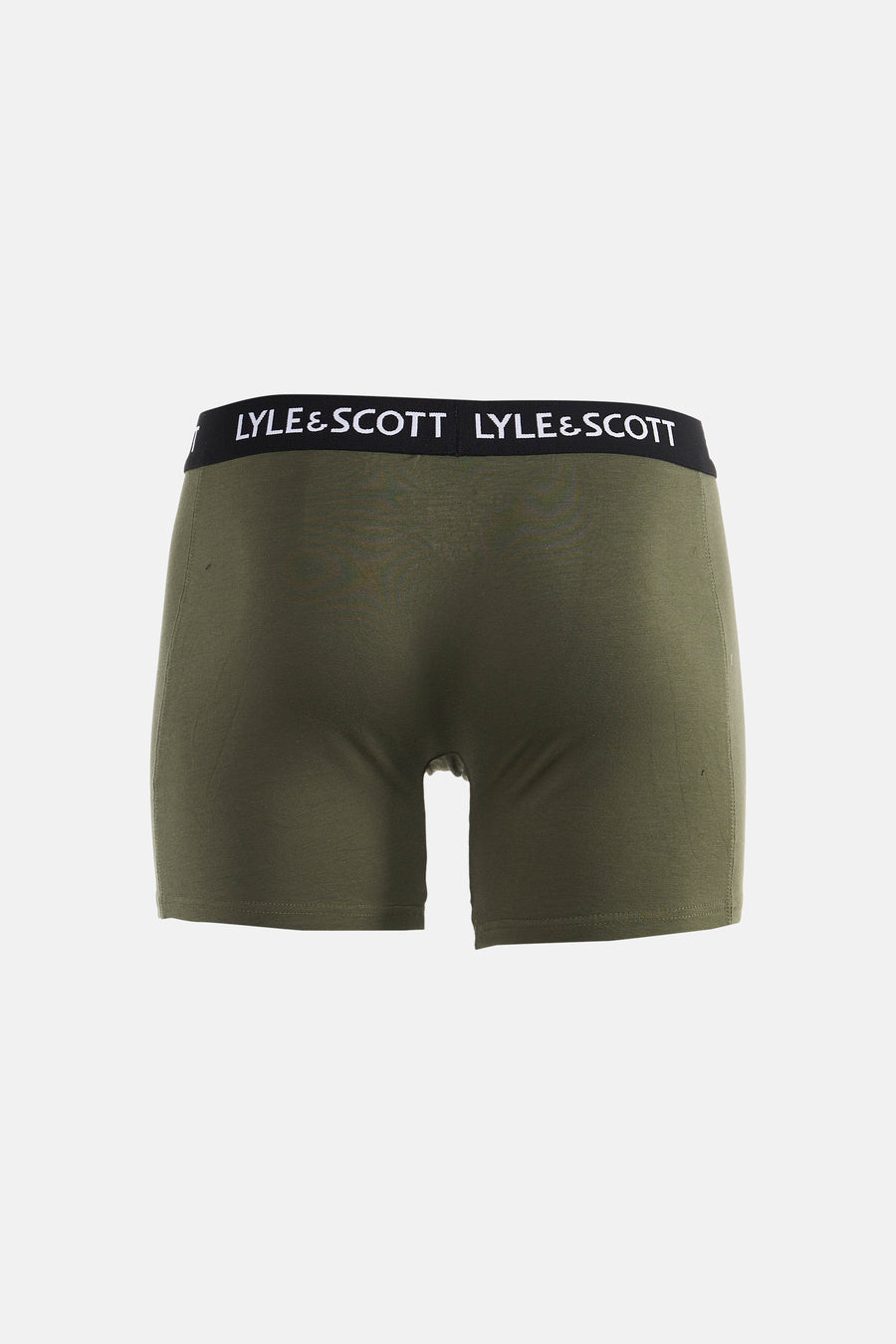 Legergroene boxershort van LYLE & SCOTT met zwarte tailleband en wit merklogo, achterkant.