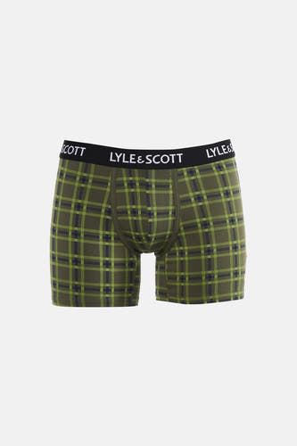Geruite boxershort in kaki groen van LYLE & SCOTT, met blauwe en lichtgroene lijnen en een zwarte tailleband met logo.