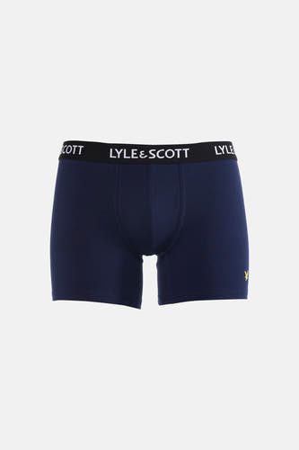 Donkerblauwe boxershort van LYLE & SCOTT met zwarte tailleband en wit logo, en een klein geel adelaarlogo op de rechterdij.