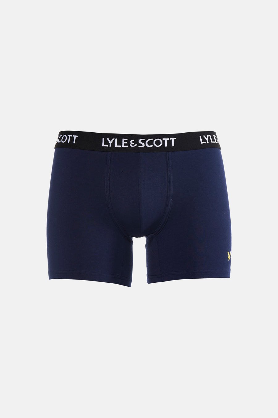Donkerblauwe boxershort van LYLE & SCOTT met zwarte tailleband en wit logo, en een klein geel adelaarlogo op de rechterdij.