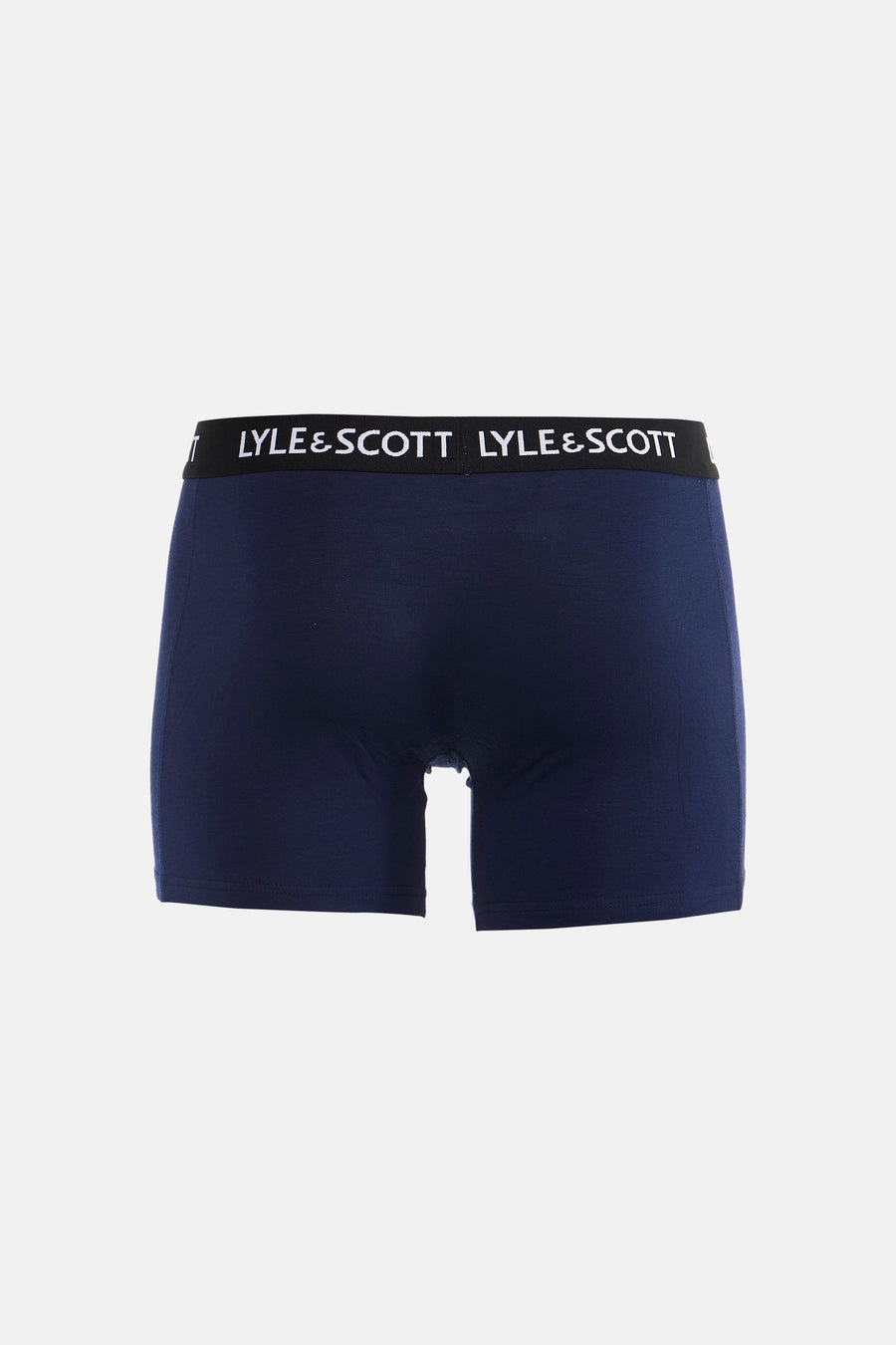 Marineblauwe boxershort van LYLE & SCOTT met zwarte tailleband en witte merknaam.