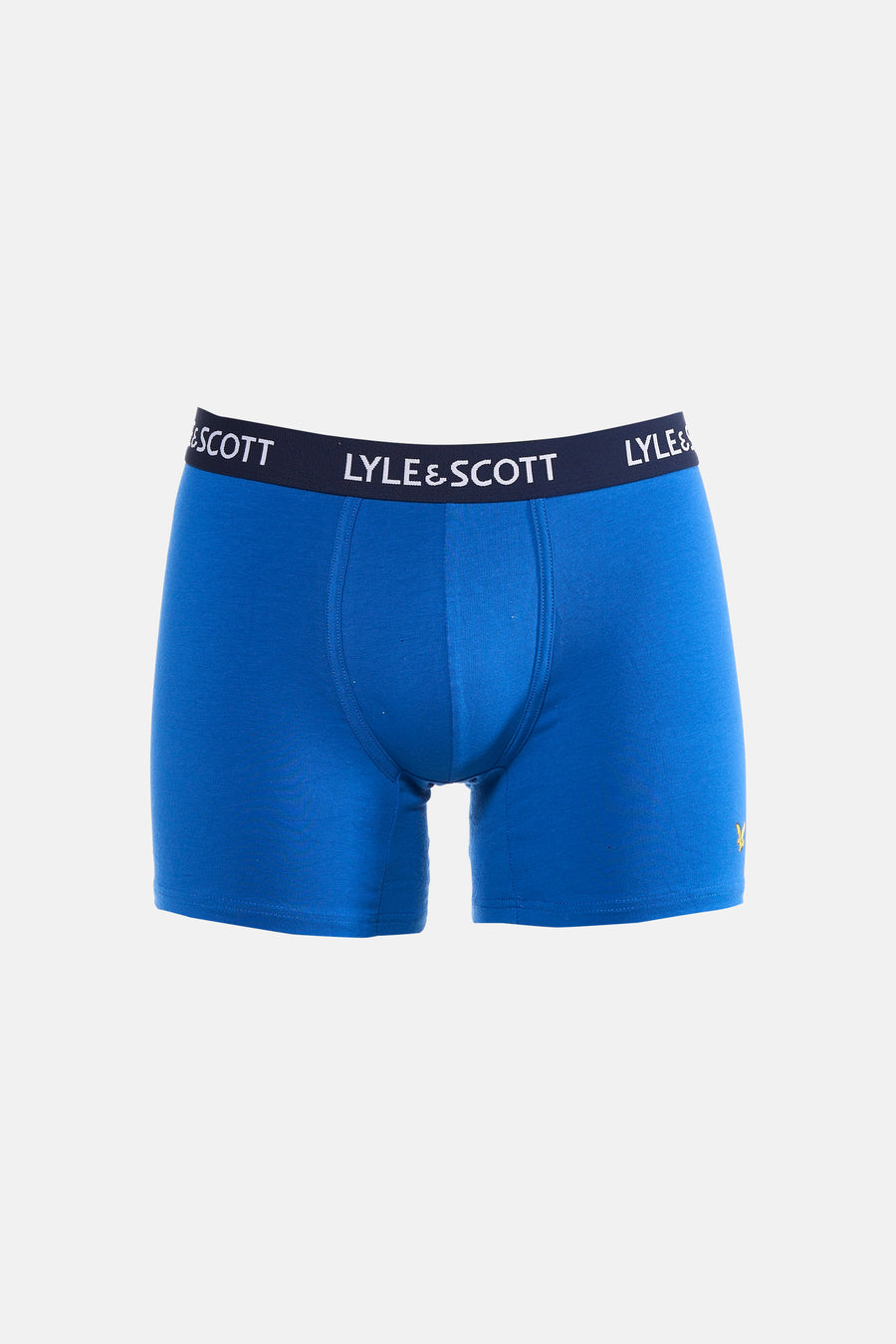 Blauwe boxershort van LYLE & SCOTT met donkerblauwe tailleband met wit logo en een klein geel adelaarlogo.