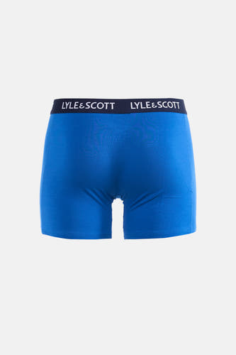 Blauwe boxershort van LYLE & SCOTT, met een donkerblauwe tailleband waarop 'LYLE & SCOTT' in wit staat, gezien vanaf de achterkant.