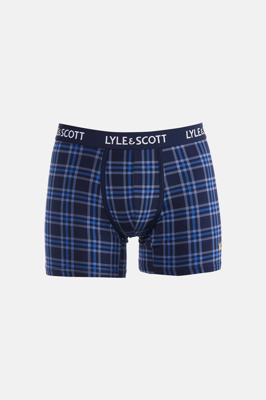 Blauwe boxershort van Lyle & Scott met ruitpatroon, logoband en geel adelaarslogo.