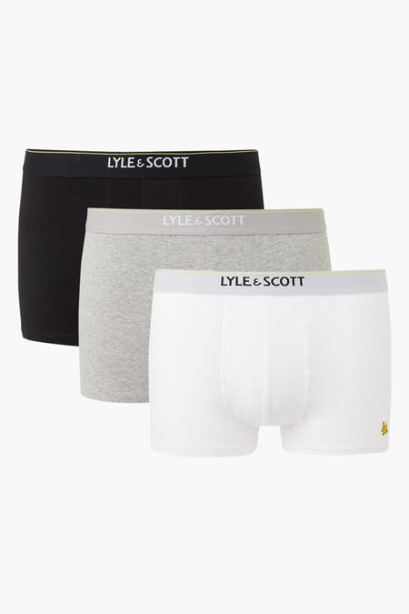 Boxershorts noirs, gris et blancs de Lyle & Scott, avec une ceinture élastique et un logo.