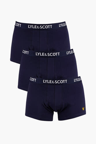 Donkerblauwe boxershort van Lyle & Scott, getoond in een stapel van drie, met een elastische tailleband met logo.
