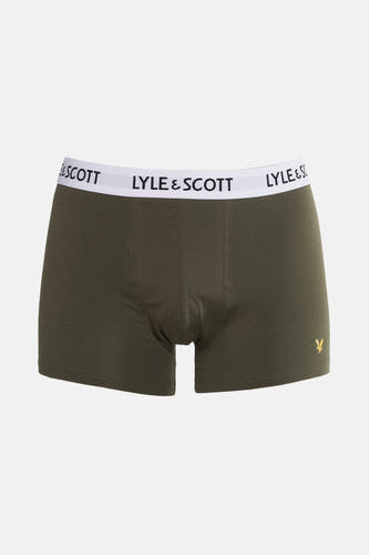 Olijfgroene boxershort van Lyle & Scott, met een witte tailleband met logo-opdruk en een klein, goudkleurig logo.
