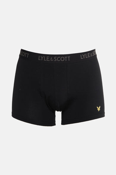 Zwarte boxershort van Lyle & Scott, met een elastische tailleband met logo en een gouden adelaarlogo.

