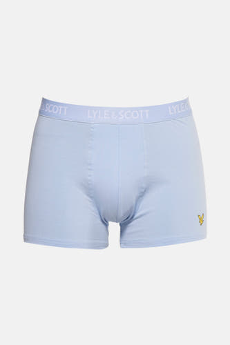 Blauw katoenen boxershort van Lyle & Scott met merknaam op de elastische band en logo detail.
