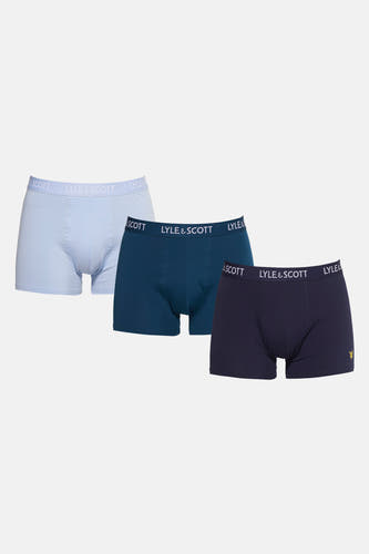 Blauwe boxershorts van LYLE & SCOTT, een set van drie in diverse blauwtinten.

