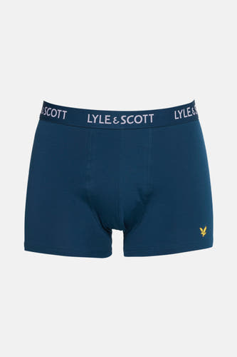 Blauwe boxershort van Lyle & Scott, met merknaam op de elastische tailleband en logo detail.