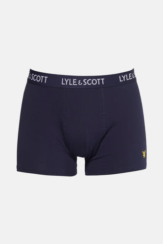 Blauwe boxershort van LYLE & SCOTT, met een elastische band met merklogo en een klein geel logo.
