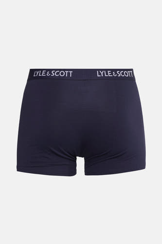 Blauwe boxershort van LYLE & SCOTT, met een elastische tailleband voorzien van merklogo, gezien vanaf de achterkant.
