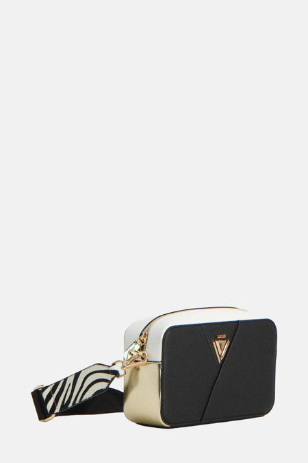 Zwarte schoudertas van Gaudi Jeans met een gouden accent en zebraprint schouderband.
