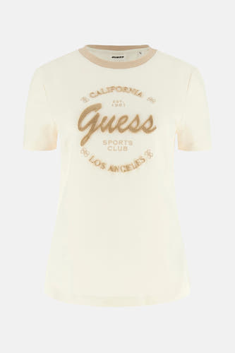 T-shirt écru à manches courtes de Guess avec une encolure beige et un logo brodé.
