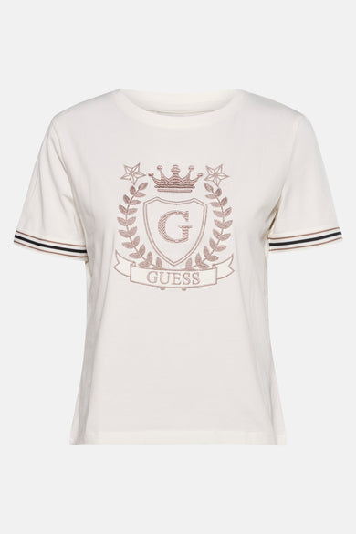 Ecru T-shirt met korte mouwen van Guess, versierd met een print van een wapenschild met het logo.