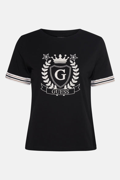 T-shirt noir à manches courtes de Guess, avec des détails rayés sur les manches.