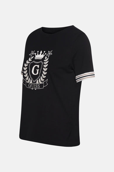 T-shirt noir à manches courtes de Guess, avec un logo brodé et des bordures rayées.