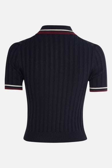 T-shirt bleu de manches courtes Guess Guess, avec une structure en côtes et des détails rayés au col et aux manches.