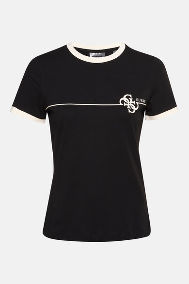 Zwart T-shirt met korte mouwen van Guess, met witte biezen langs de halslijn en mouwen, en een logo.