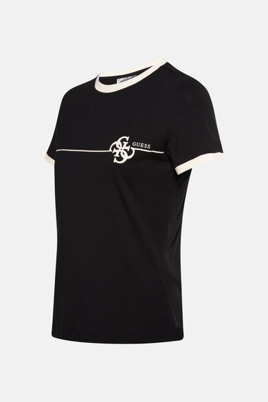 Zwart T-shirt met korte mouwen van Guess, met wit accent op de kraag en grafische print.