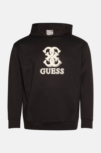 Zwarte sweater met kap van Guess, met groot grafisch logo op de borst en buidelzak.