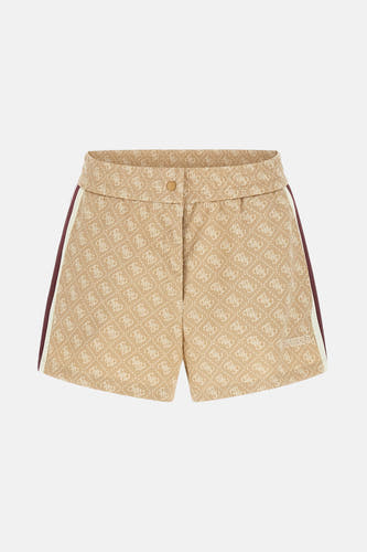 Bruine short van Guess met logoprint en sierstrepen op de zijkanten.
