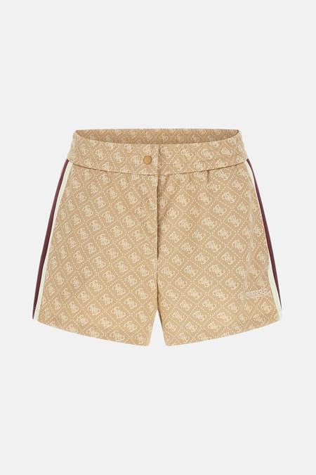 Bruine short van Guess met logoprint en sierstrepen op de zijkanten.
