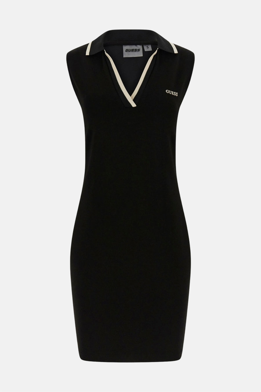 Robe noire à manches courtes de Guess, avec des accents blancs au col et au col en V.