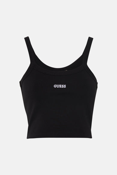 Haut noir à fines bretelles de Guess, avec une texture côtelée et un logo blanc imprimé.