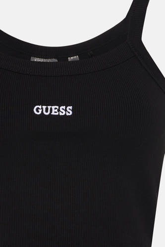 Haut noir à fines bretelles de Guess, avec une texture côtelée et un logo brodé.
