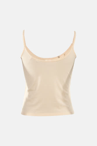 Débardeur beige Guess® à fines côtes et fines bretelles, sur fond blanc.