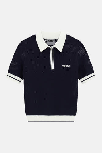 Donkerblauwe mesh polo met witte kraag en mouwbanden van Guess, voorzien van rits en logo op borst, front view