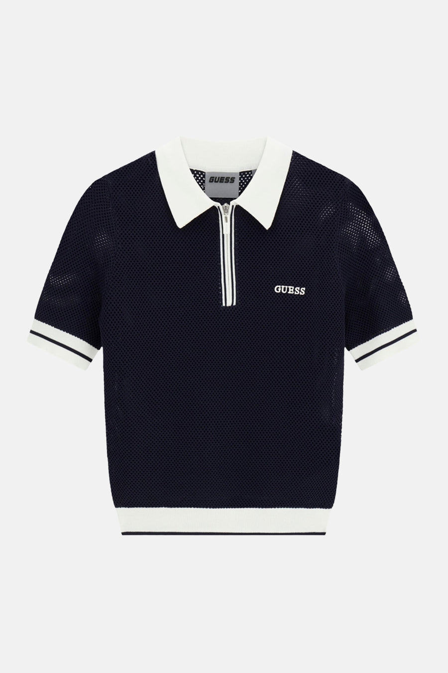 Donkerblauwe mesh polo met witte kraag en mouwbanden van Guess, voorzien van rits en logo op borst, front view