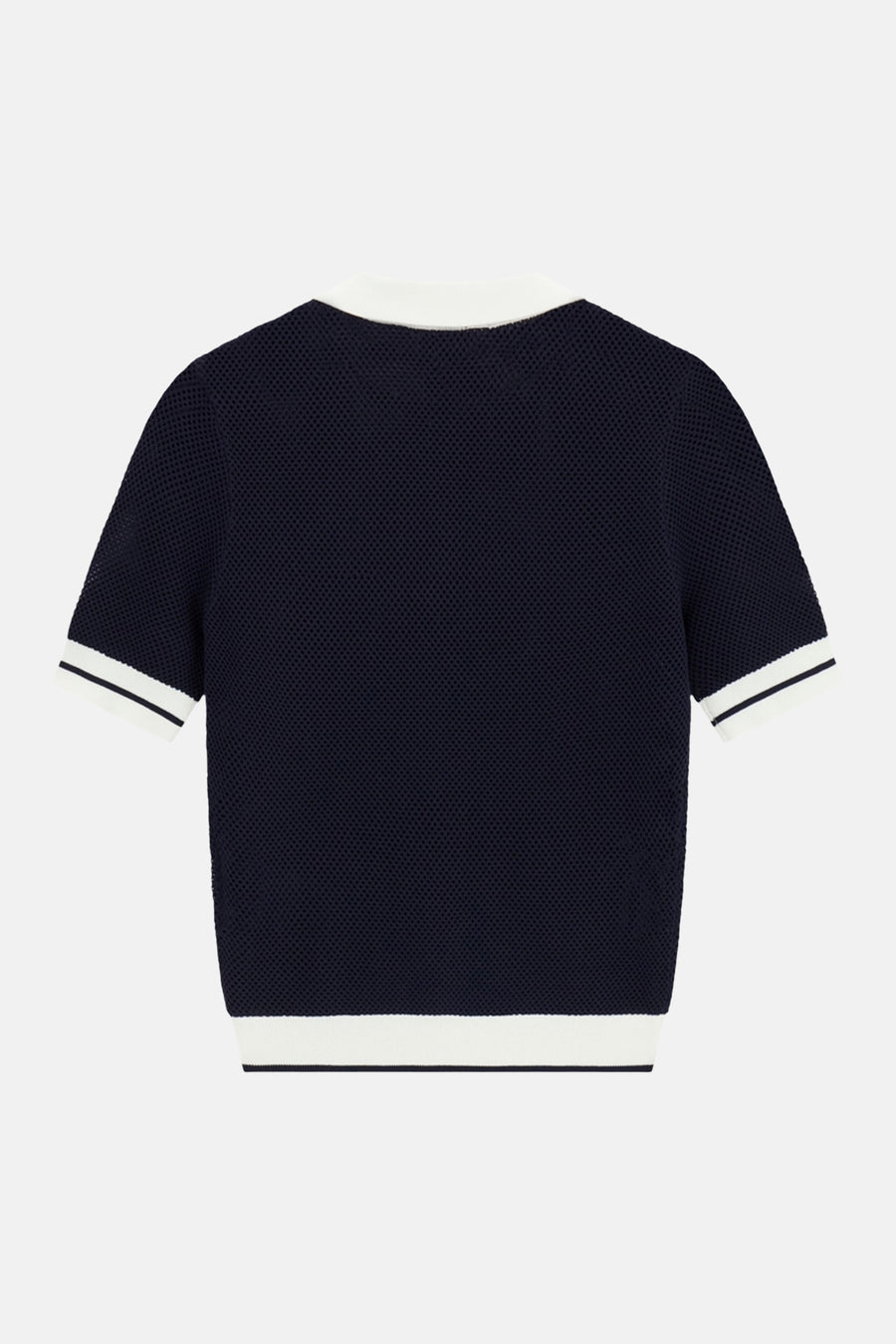 Donkerblauwe polo van Guess® met witte kraag, mouwbanden en zoom, meshtextuur, achterzijde weergegeven